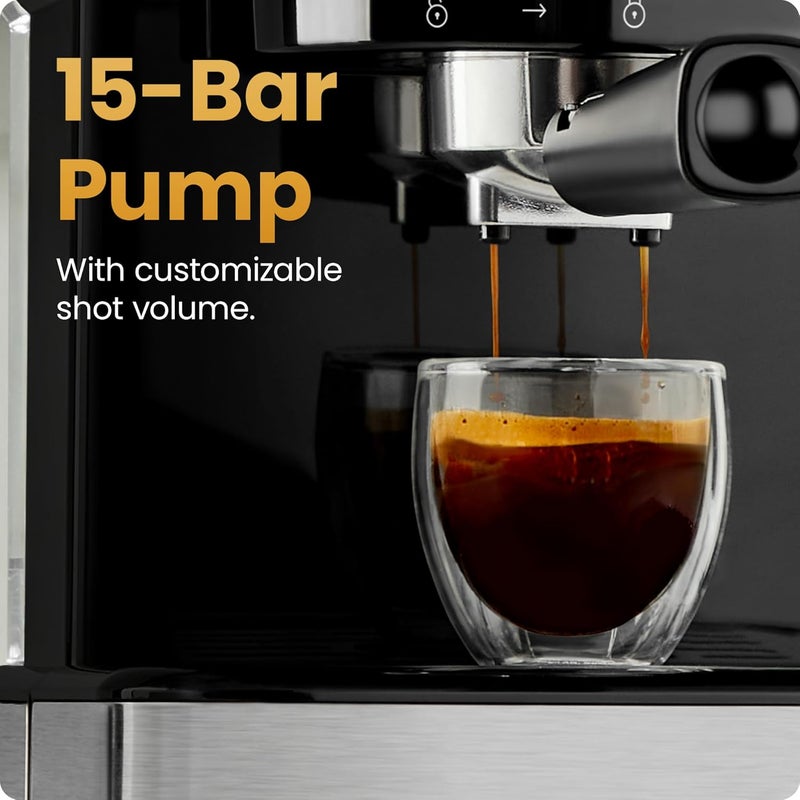 Chefman CraftBrew Espresso Machine, 15-Bar Pump Digital Espresso Maker w/Steam Wand for Latte & Cappuccino, Compact Espresso Coffee Machine w/ 1.5L Removable Water Reservoir - Stainless Steel - Image 3